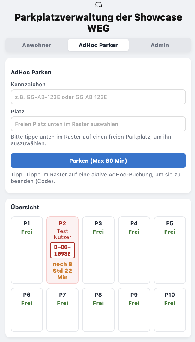 Screenshot: AdHoc-Parken im Tab innerhalb der App