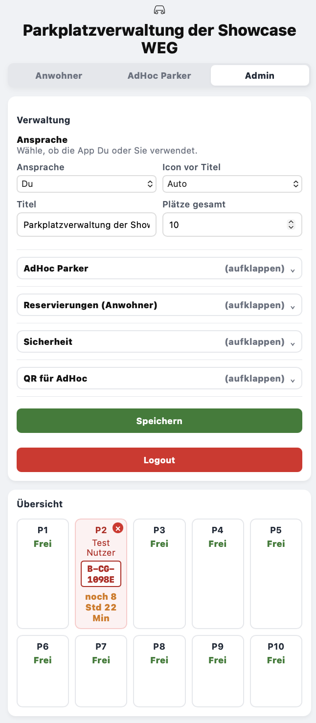 Screenshot: Admin Ansicht